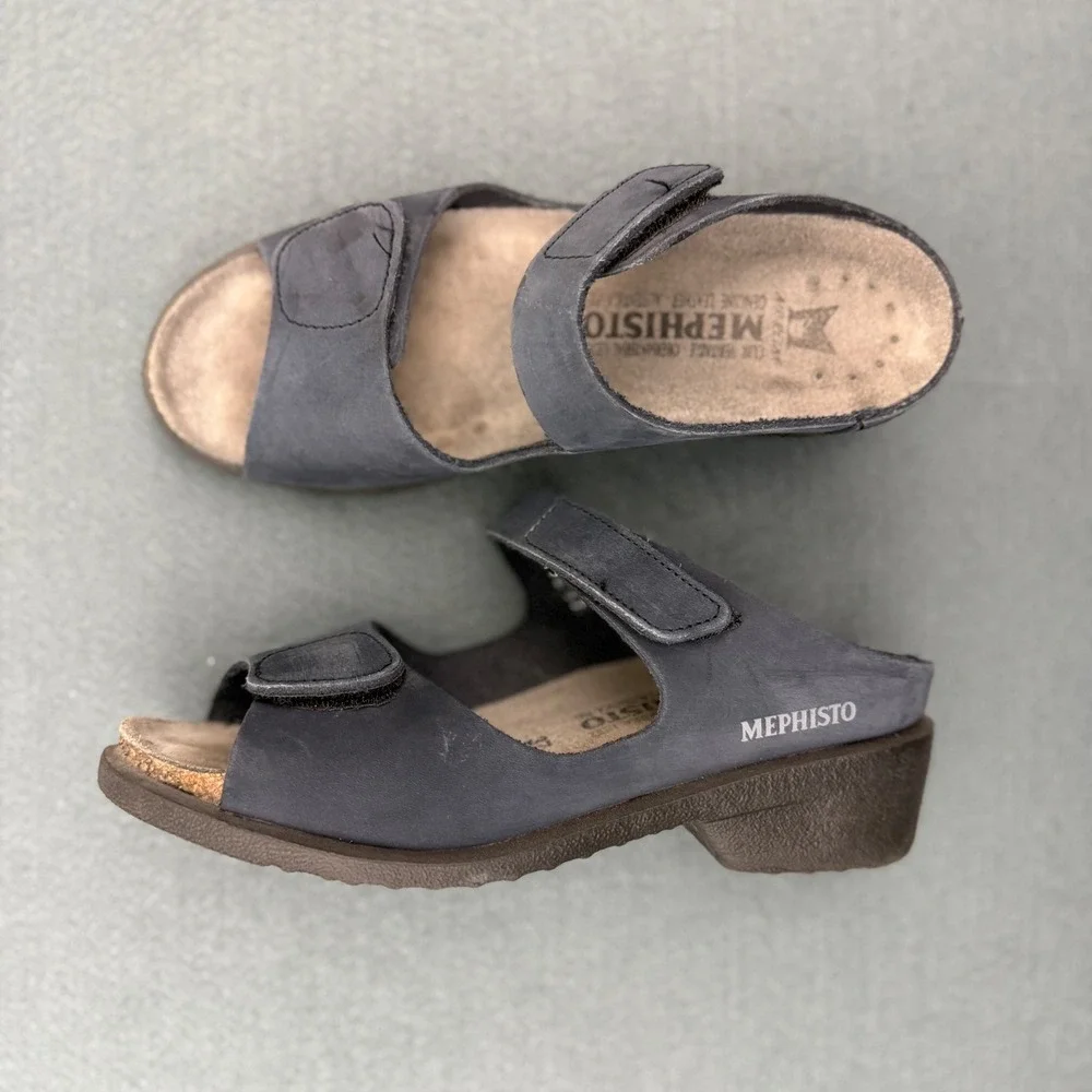 Mephisto Sandals Womens 37‎ (US 6.5) Blue Gray Comfort Adjustable Straps Leather